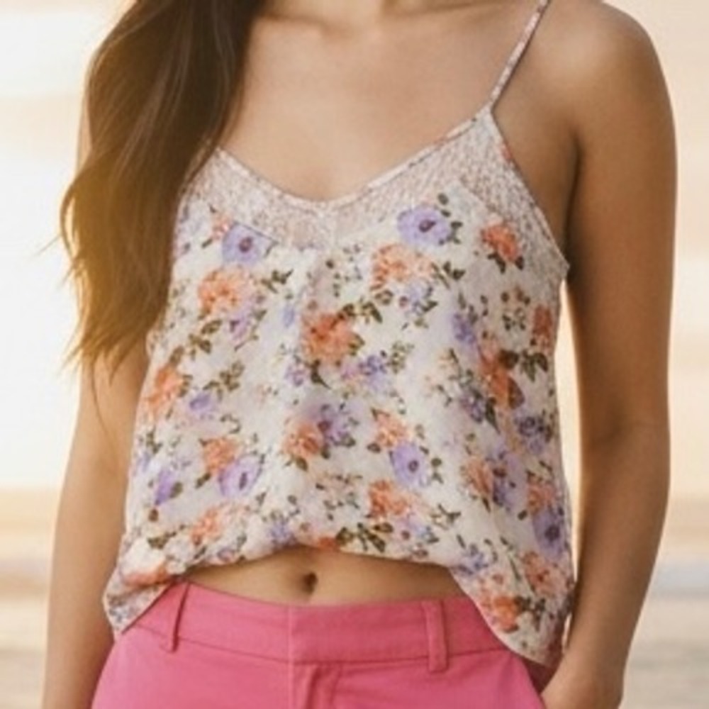 Forever 21 Womens Floral Lace Trim Cami Top‎ Purple Orange Size L Fairy Cottage